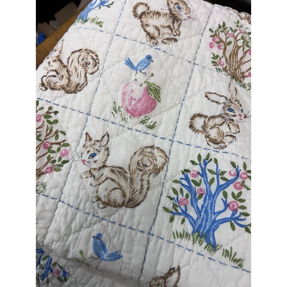 Vintage Handmade Baby Quilt Bunnies Squirrels Birds Hand Stitched 46x32